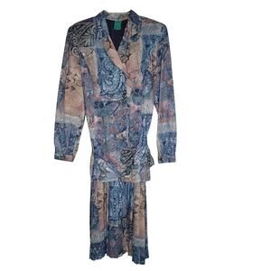 Canda 80s Vintage Pleated Geometric Multi Blue Dress Belted Long Sleeve Large